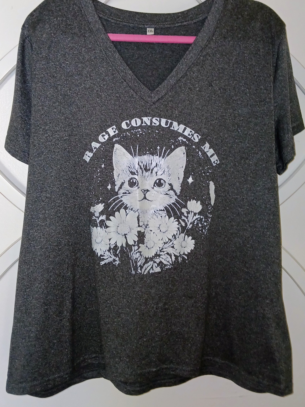 Rage Consumes Me Cat V-Neck Tee - Charcoal XXL